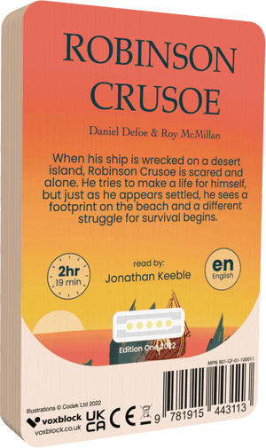 Robinson Crusoe audiobook back cover.