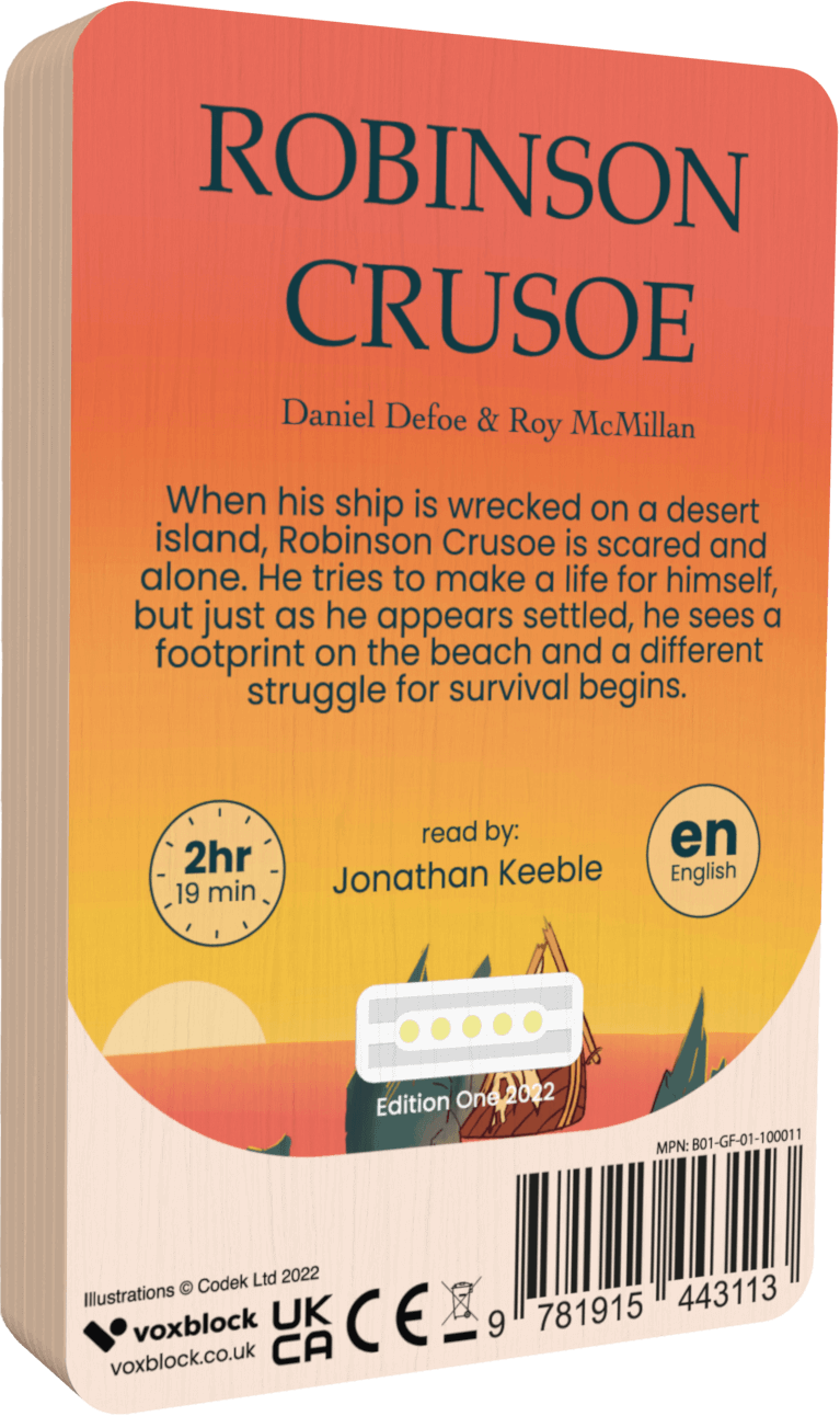 Robinson Crusoe audiobook back cover.