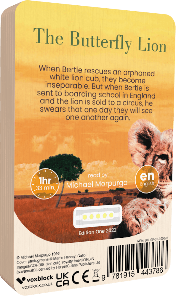 The Butterfly Lion audiobook back cover.
