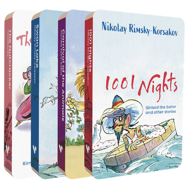 A photo of the front covers of four audiobooks. From left to right, they are The Nutcracker, Swan Lake, Carnival of the Animals, and 1001 Nights.