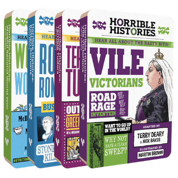 This image shows the front covers of four audiobooks. From left to right they are Horrible Histories: Woeful Second World War, Horrible Histories: Rotten Romans, Horrible Histories: Terrible Tudors, and Horrible Histories: Vile Victorians.