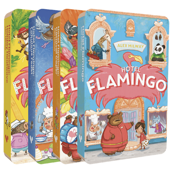 This image shows the front covers for the four audiobooks in Voxblock's Hotel Flamingo audiobook bundle. From left to right, they are Hotel Flamingo: Holiday Heatwave, Hotel Flamingo: Fabulous Feast, Hotel Flamingo: Carnival Caper, and Hotel Flamingo.
