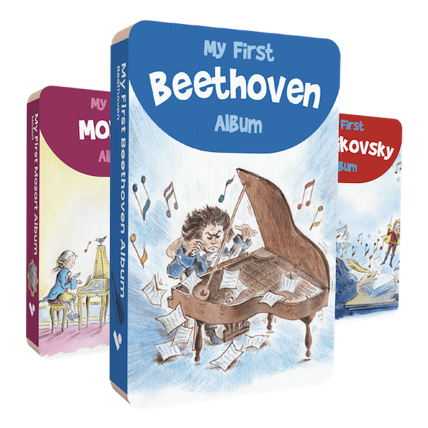 In this image are the front covers of the three audiobooks included in Voxblock's My First Album Audiobook Bundle. In the front is My First Beethoven Album. Behind it are My First Mozart Album, and My First Tchaikovsky Album.