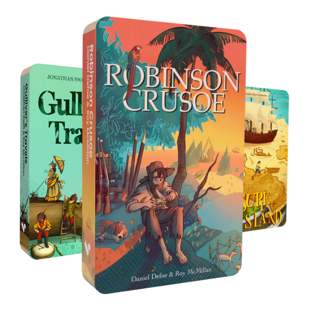 An image displaying the front covers of three audiobooks. In the front is Robinson Crusoe, and behind it are Gulliver's Travels and Treasure Island. 