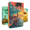 An image displaying the front covers of three audiobooks. In the front is Robinson Crusoe, and behind it are Gulliver&