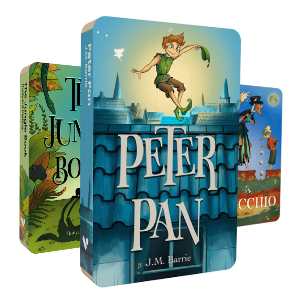 This image shows the front covers of three audiobooks. In the front is Peter Pan, and behind it are The Jungle Book and Pinocchio.