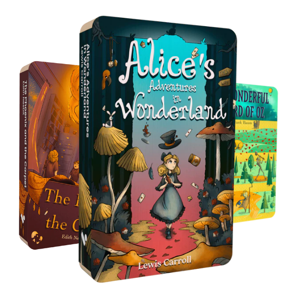 This image shows the front covers of three audiobooks. In the front is Alice's Adventures in Wonderland, and behind it are The Phoenix and the Carpet, and The Wonderful Wizard of Oz.