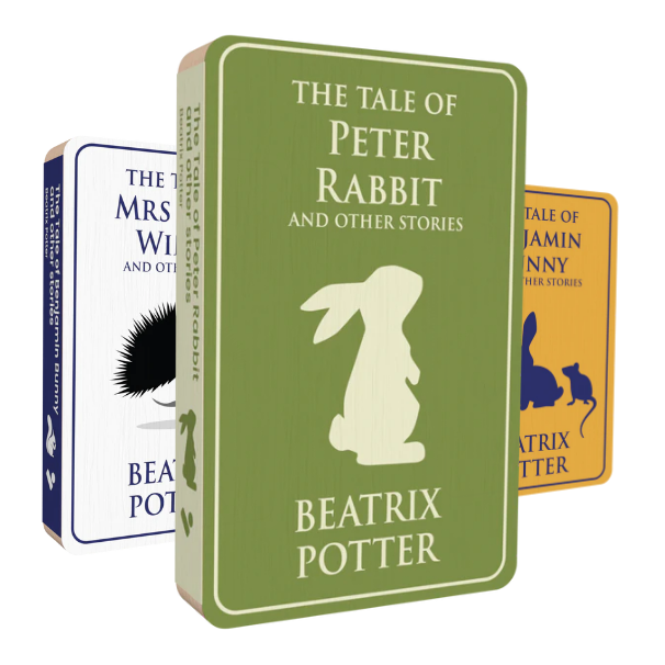 This image is of the front covers of the three audiobooks included in Voxblock's Beatrix Potter Bundle. In the front is The Tale of Peter Rabbit and Other Stories. Behind it are The Tale of Benjamin Bunny and Other Stories, and The Tale of Mrs. Tiggy Winkle and Other Stories.