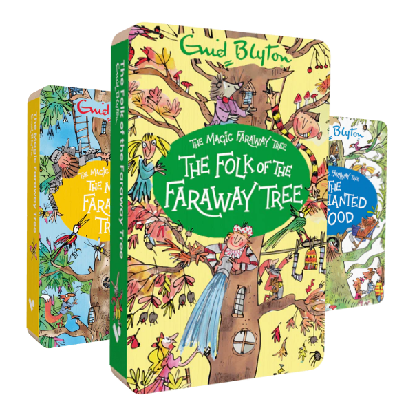 This is an image of the front covers of the three audiobooks included in Voxblock's Enid Blyton Faraway Tree Audiobook Bundle. In front is The Folk of the Faraway Tree, and behind it are The Magic Faraway Tree and The Enchanted Wood.