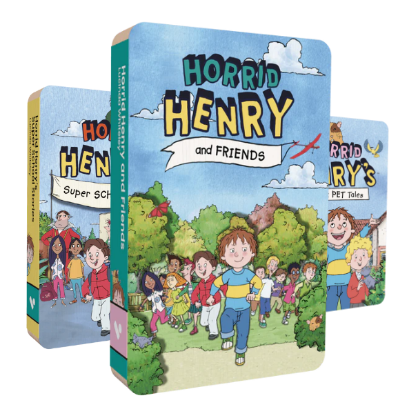 This image shows the front covers of the three audiobooks in Voxblock's Horrid Henry Audiobook Bundle. In the front is Horrid Henry and Friends. Behind it are Horrid Henry's Super School Stories, and Horrid Henry's Perfect Pet Tales.