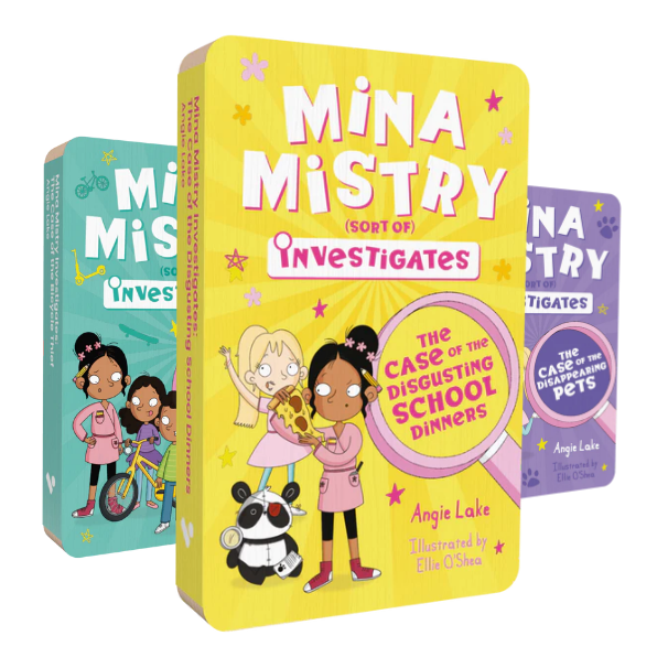 This image includes the front covers of the three audiobooks in Voxblock's Mina Mistry Investigates Audiobook Bundle. In the front is Mina Mistry Investigates the Case of the Disgusting School Dinners. Behind it is Mina Mistry Investigates the Case of the Bicycle Thief, and Mina Mistry Investigates the Case of the Disappearing Pets. 