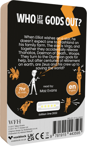 Who Let The Gods Out? audiobook back cover.